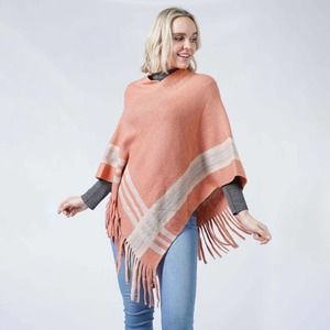 Pink Knit Poncho With Contrast Detail and Tassel Fringe